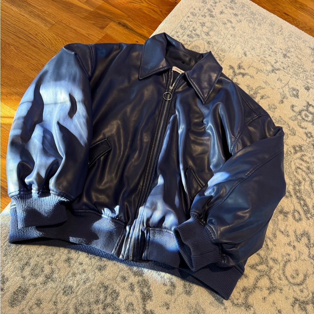WeWoreWhat faux leather jacket in navy blue.